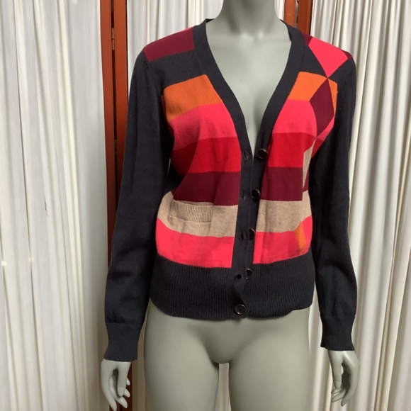 CAbi Color Block Argyle Stripe Cardigan Sweater Style 171 Women's Medium - Picture 4 of 8